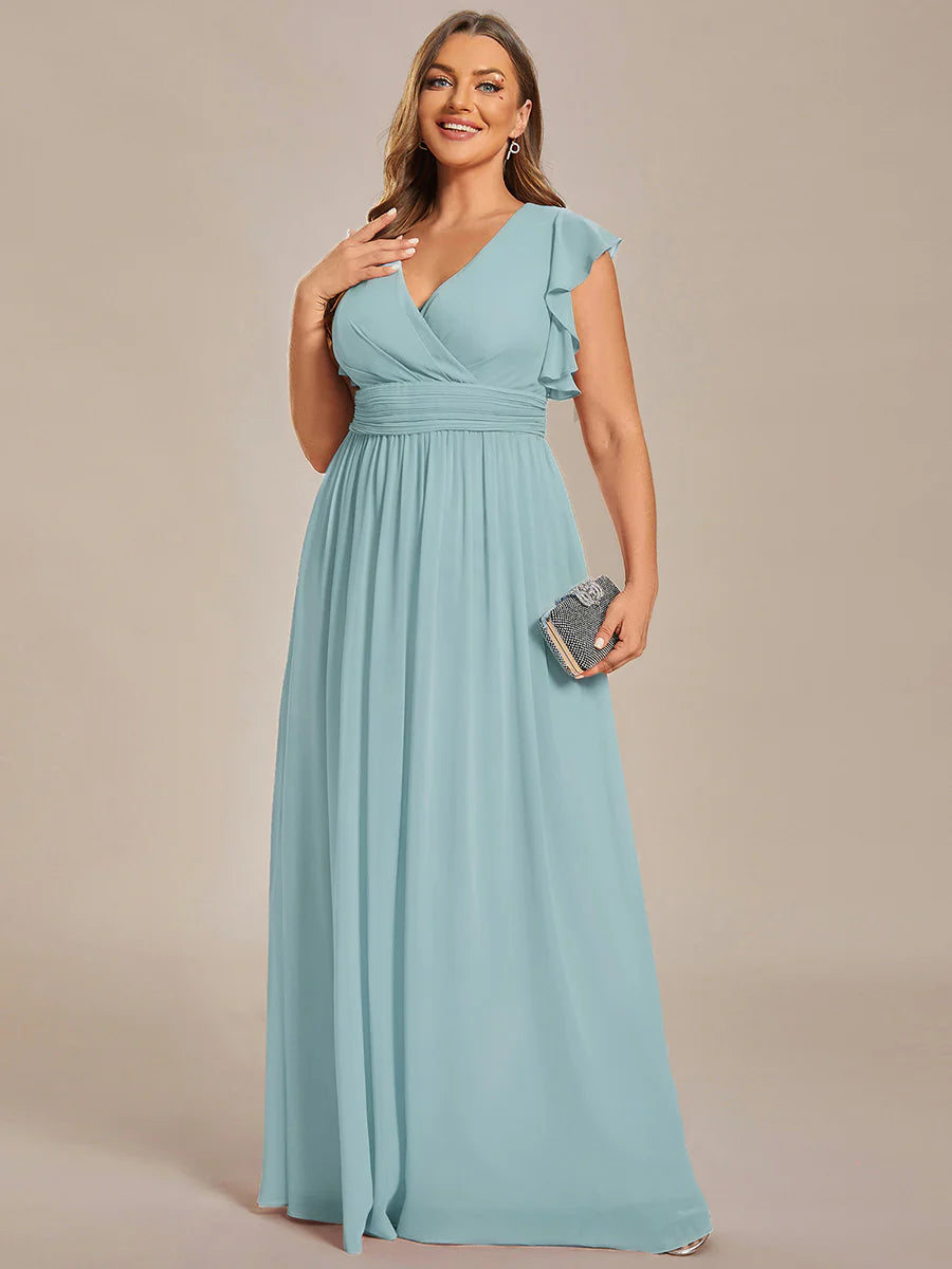 Plus V Neck Pleated Belted Ruffles Wholesale Bridesmaid Dresses