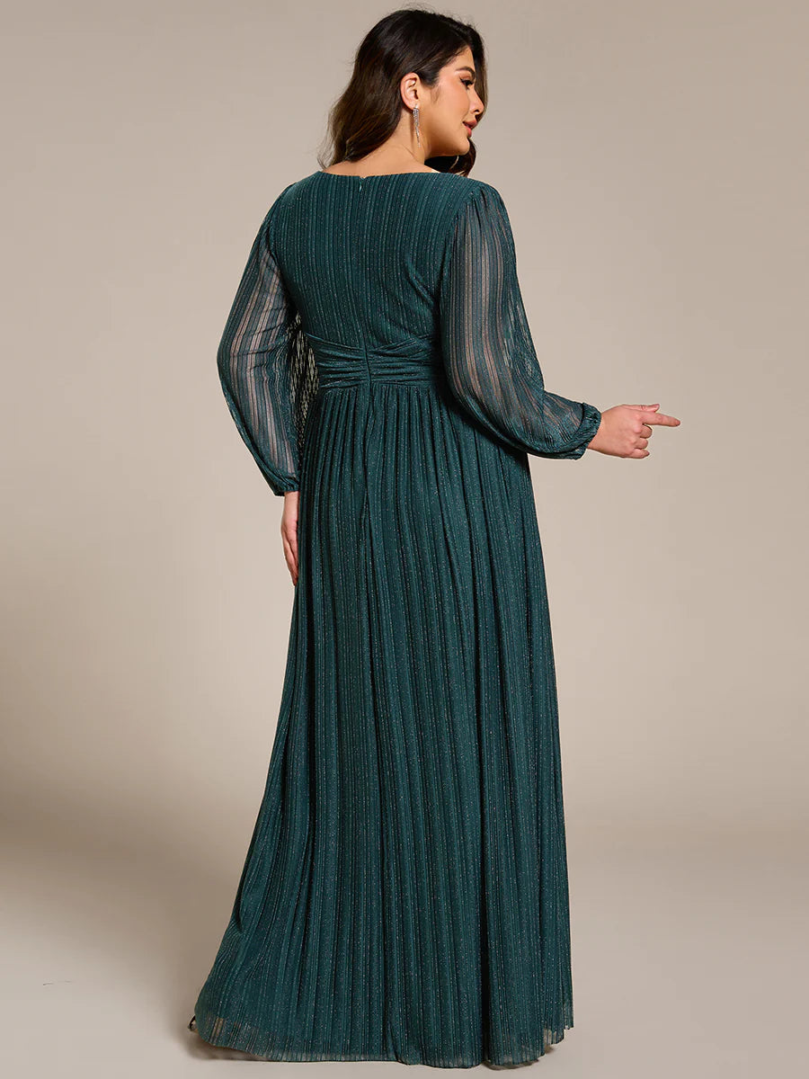 Plus Size Maxi Long Chiffon Waist  V Neck Wholesale Evening Dress with Long Sleeves