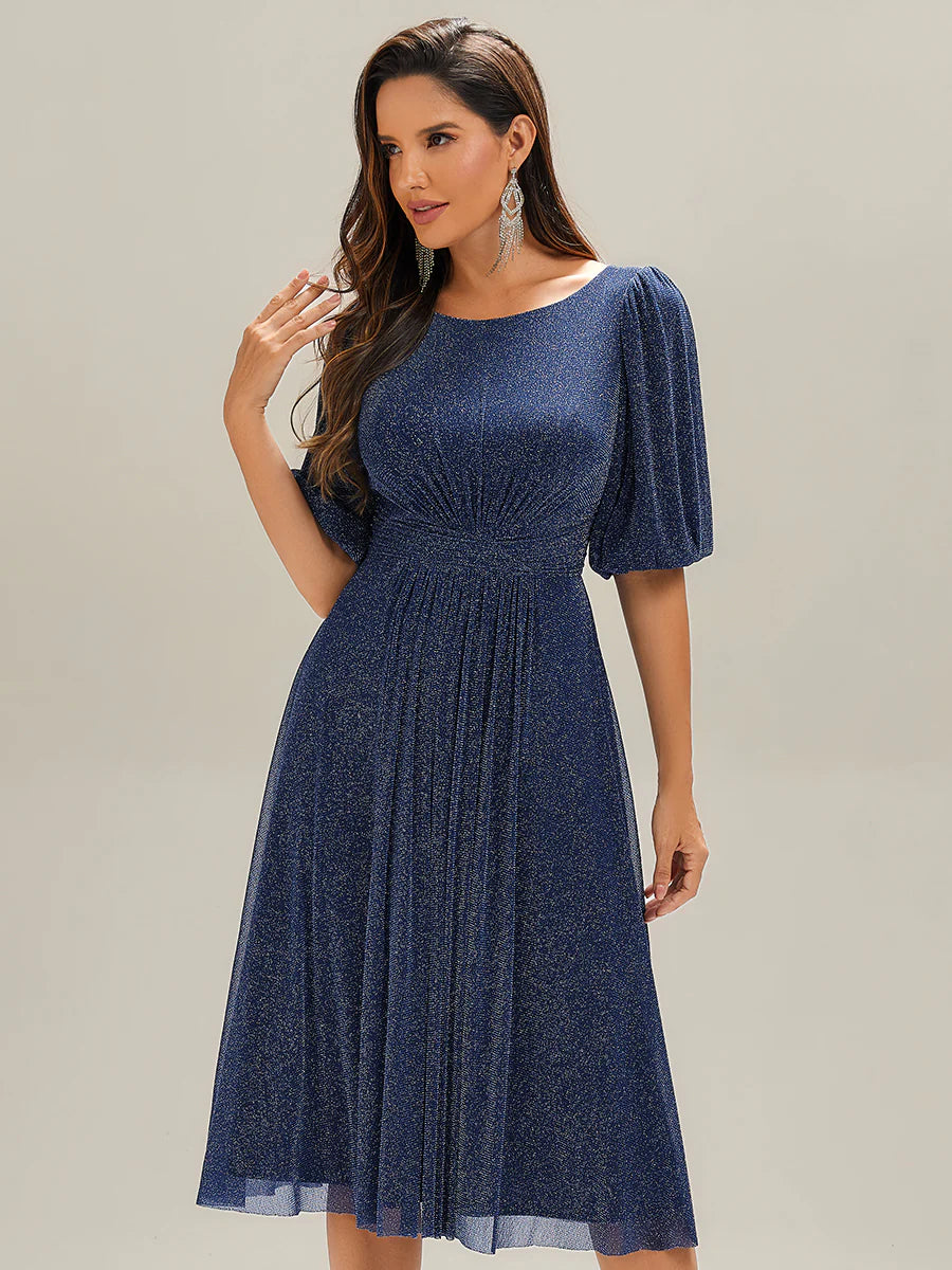 Half Sleeve Gathered A-Line Midi Length Wedding Guest Dresses