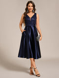 Strapless A-Line Midi Dress with Deep V-Neck Wedding Guest Dress