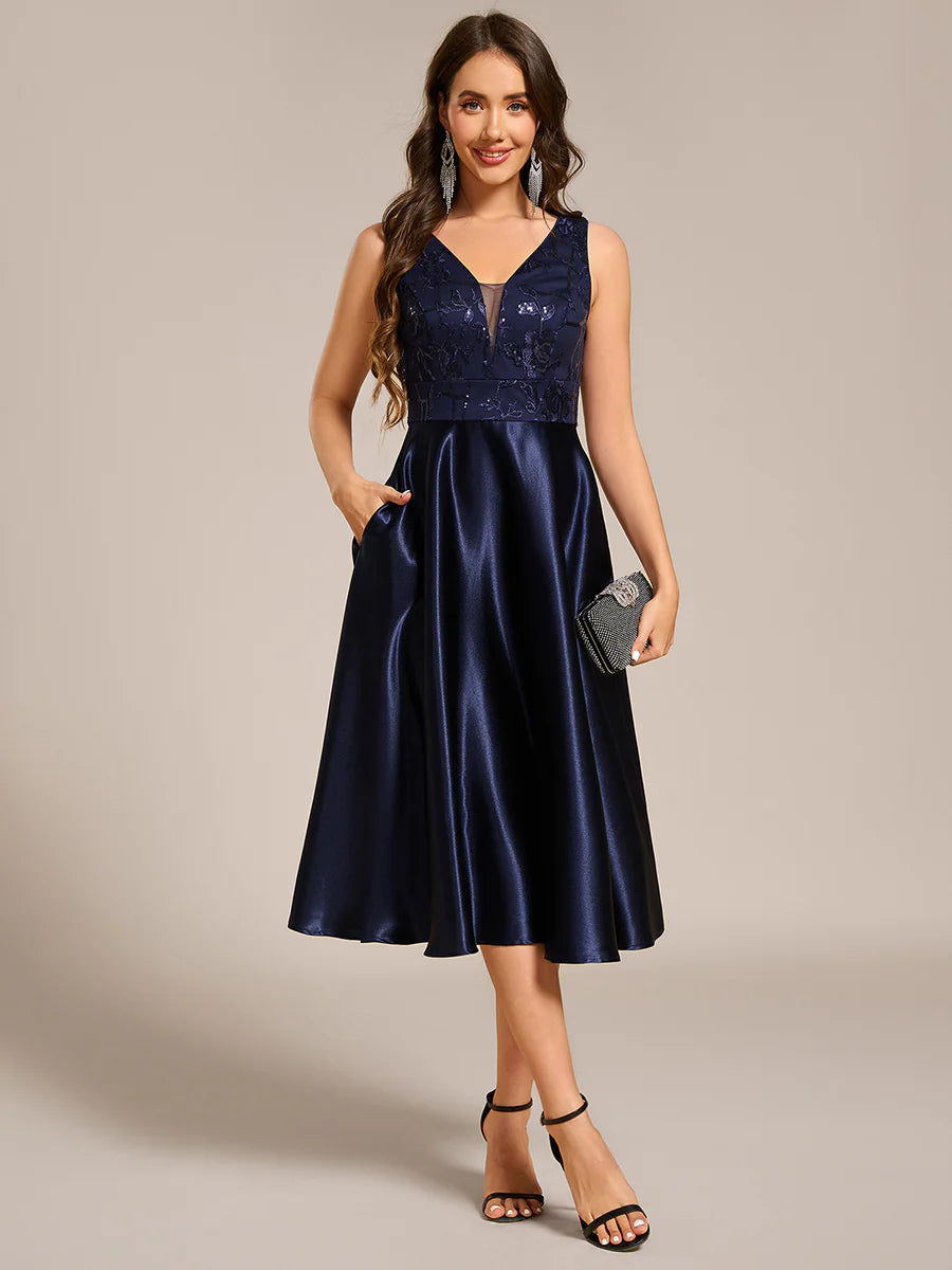 Strapless A-Line Midi Dress with Deep V-Neck Wedding Guest Dress