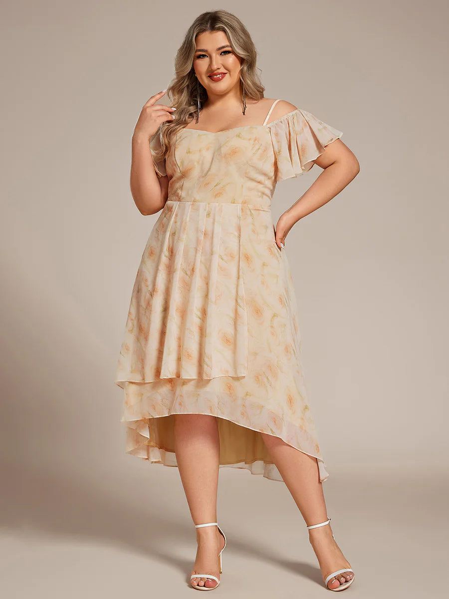 Plus Size Chiffon Spaghetti Strap Cold Shoulder Tea Length Wedding Guest Dress
