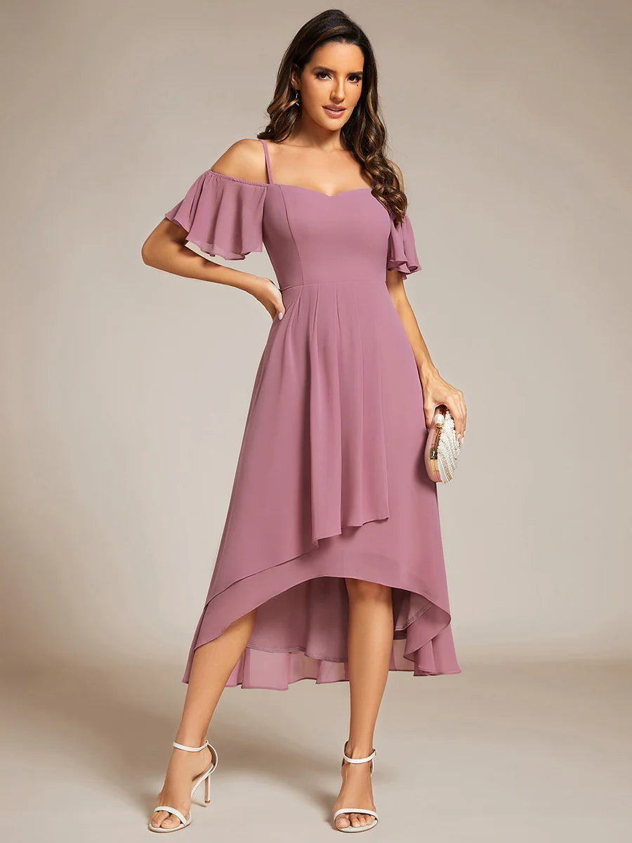 Chiffon Spaghetti Strap Cold Shoulder Tea Length Wedding Guest Dress