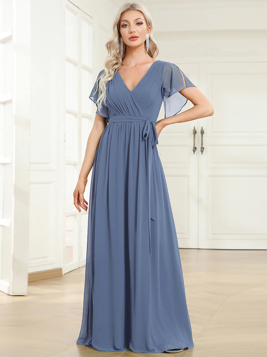 A Line Wholesale Evening Dresses with Deep V Neck Ruffles Sleeves