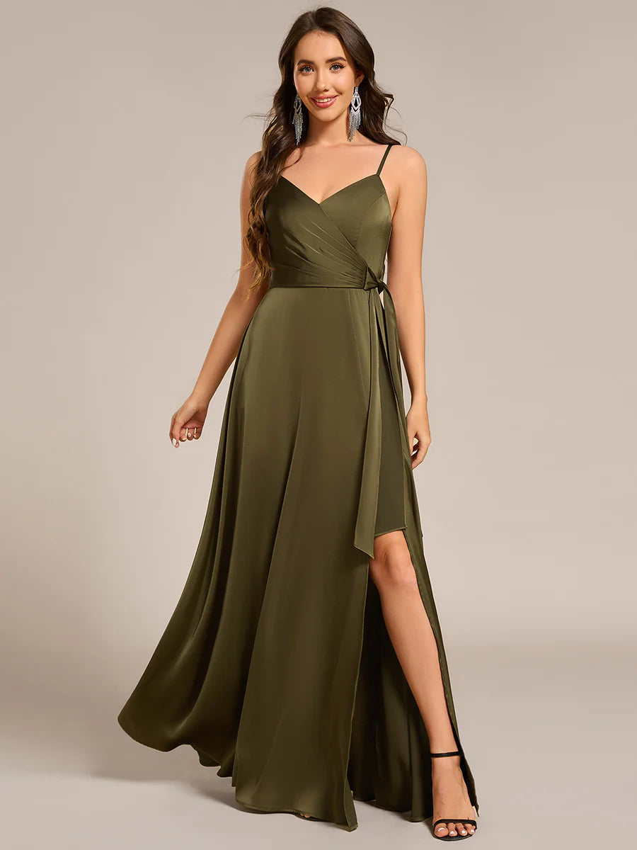 Elegant Floor-Length Spaghetti Straps Split Satin Bridesmaid Dress with Streamer