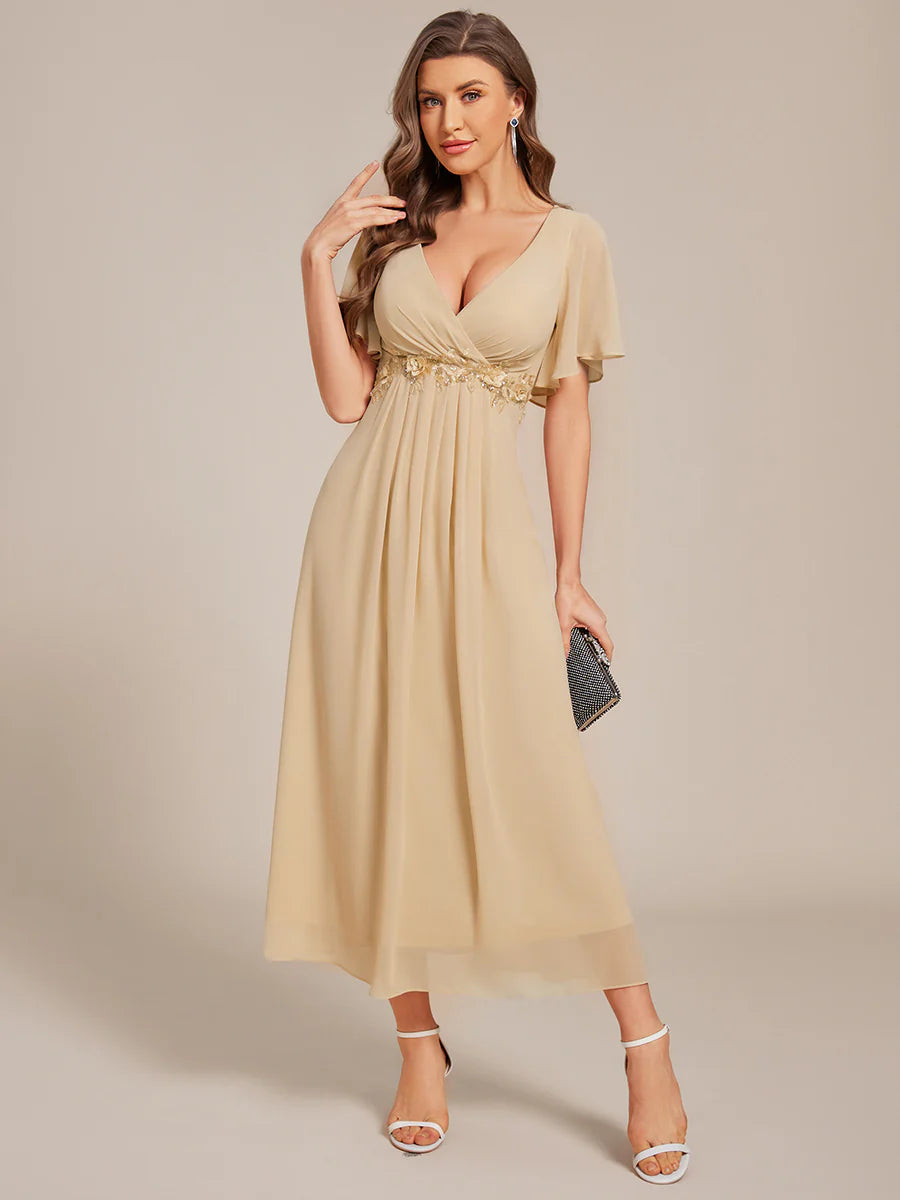 Applique V Neck Tea Length Wedding Guest Dress With Short Sleeves