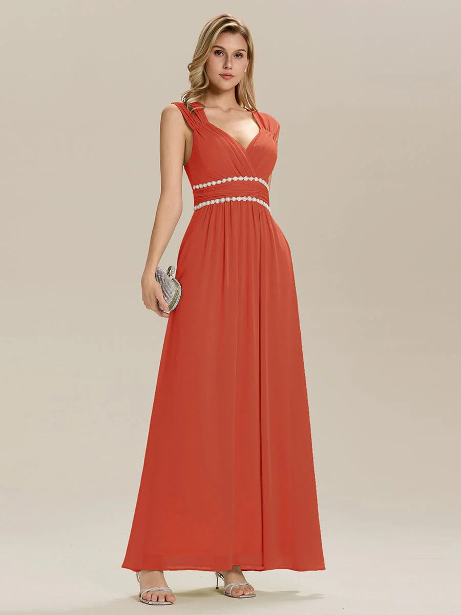 Custom Made Sleeveless Pleated Deep V-Neck A-Line Floor Length Dress; Bridesmaid Dresses