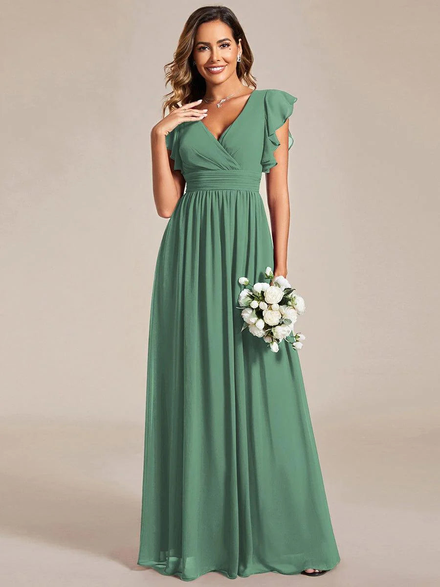 Ever LILYANA|Elegant V-Neck Open Back Ruffled Sleeves Chiffon Bridesmaid Dress