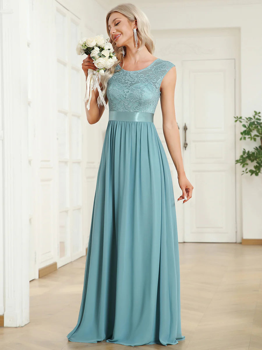 Wholesale V Back Belted Lace & Chiffon Bridesmaid Dresses