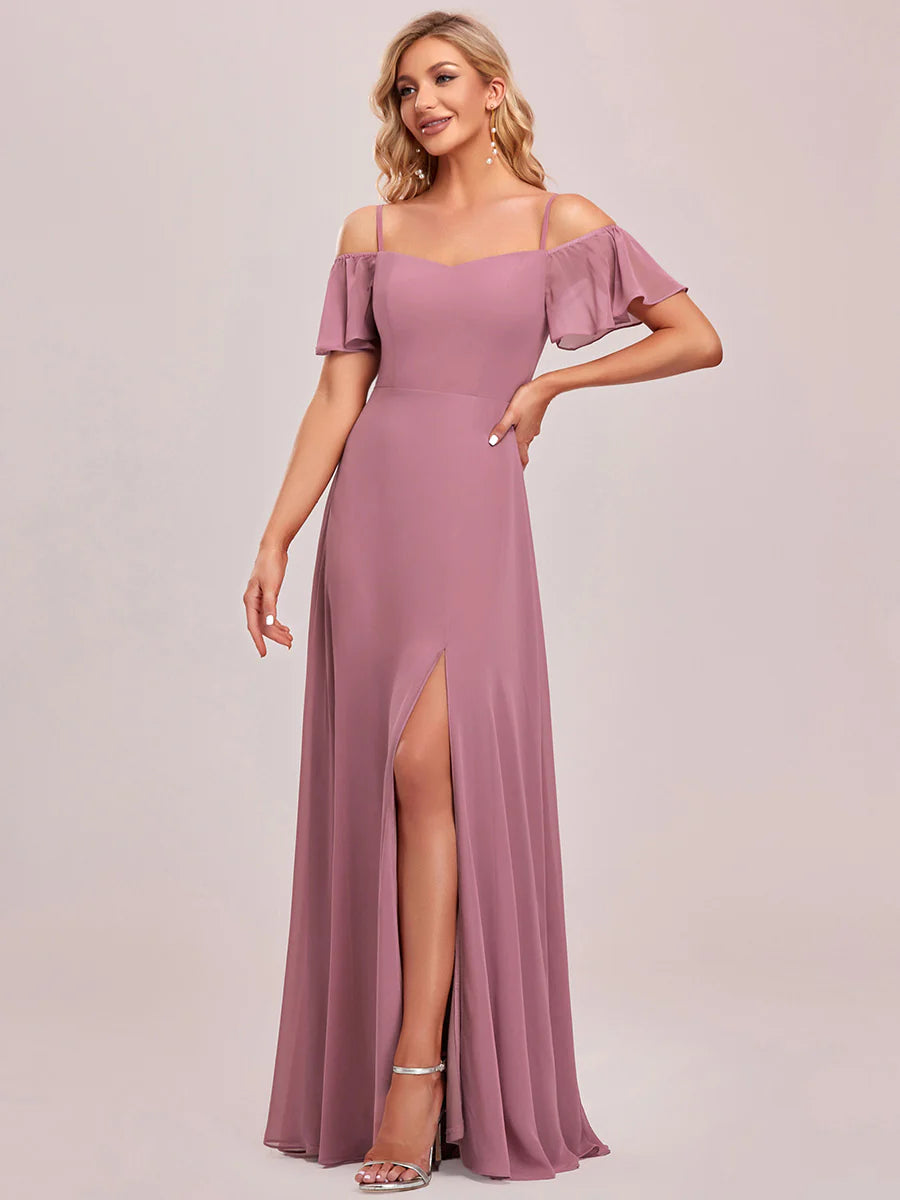 Wholesale High Split Chiffon Bridesmaid Dress With Spaghetti Straps