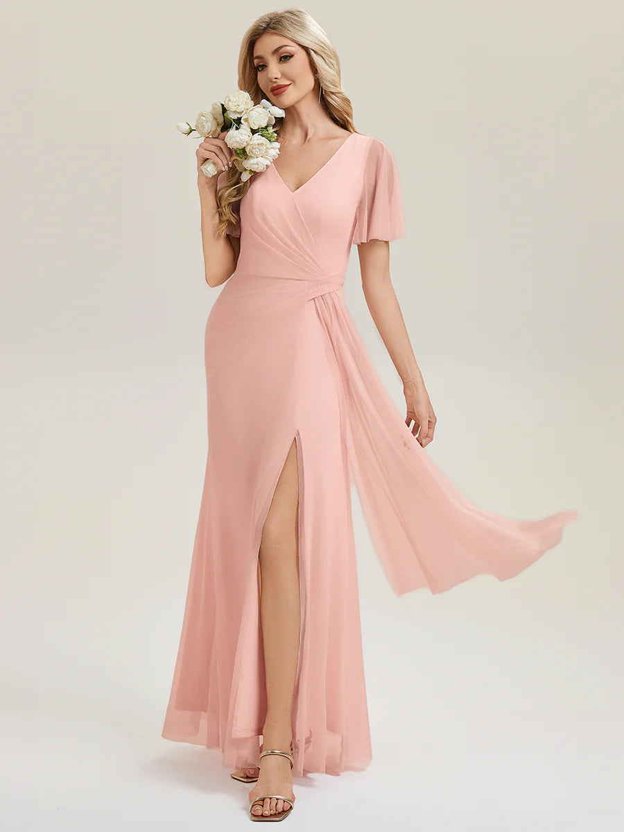Short Sleeve Ruffle Deep V-Neck High Stretch A-Line Floor Length Bridesmaid Dresses