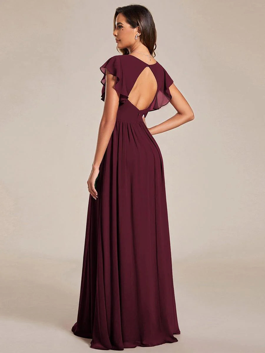 Ever LILYANA|Elegant V-Neck Open Back Ruffled Sleeves Chiffon Bridesmaid Dress