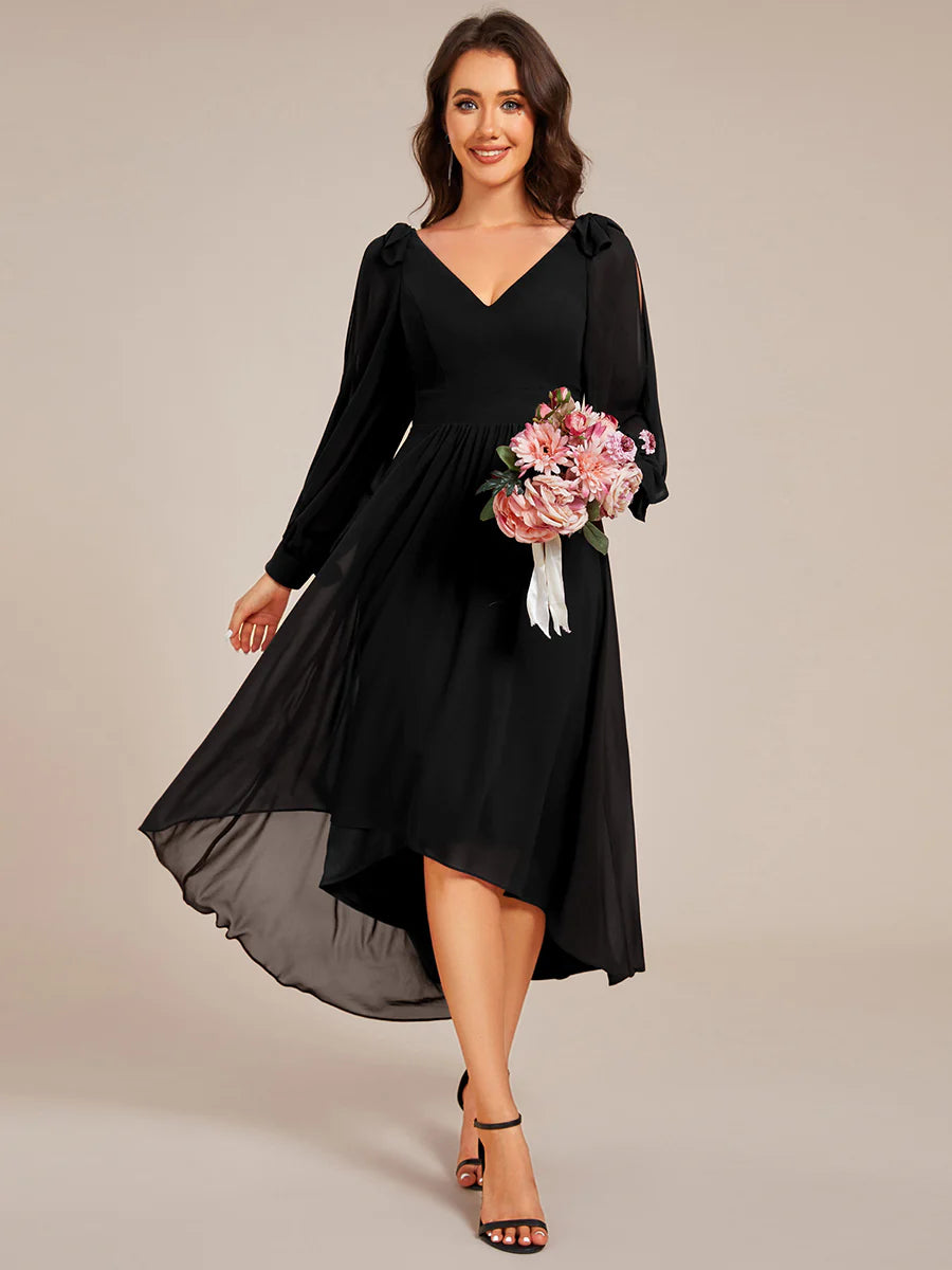Elegant Butterfly Design Long Sleeves Midi Length A-Line Asymmetrical Hem Chiffon Dresses