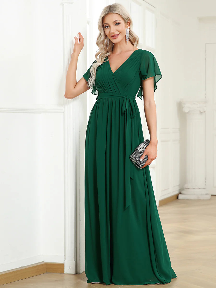 A Line Wholesale Evening Dresses with Deep V Neck Ruffles Sleeves