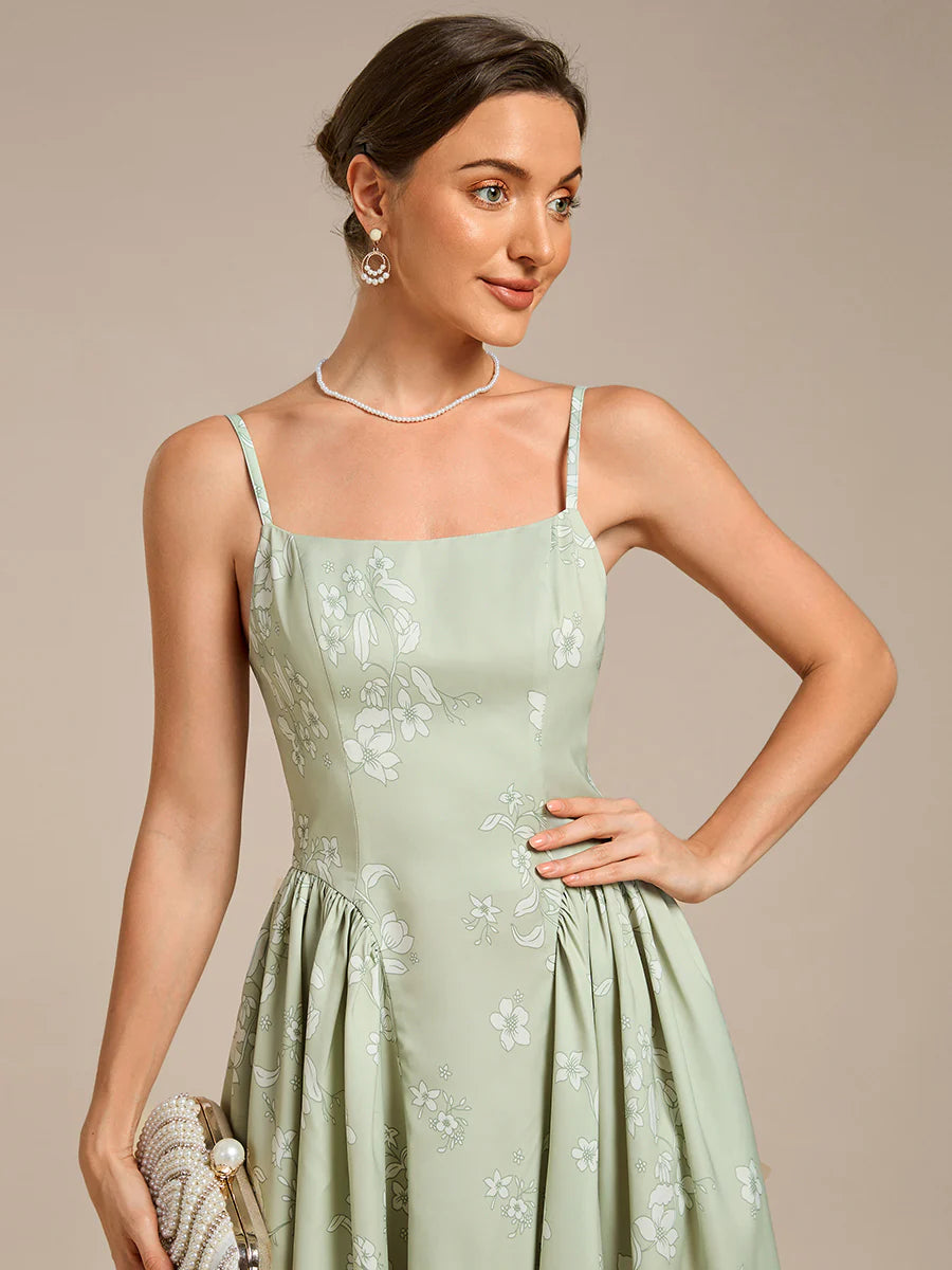B2B-Exclusive Sleeveless Floral A-Line Square Neck Midi Wedding Guest Dress