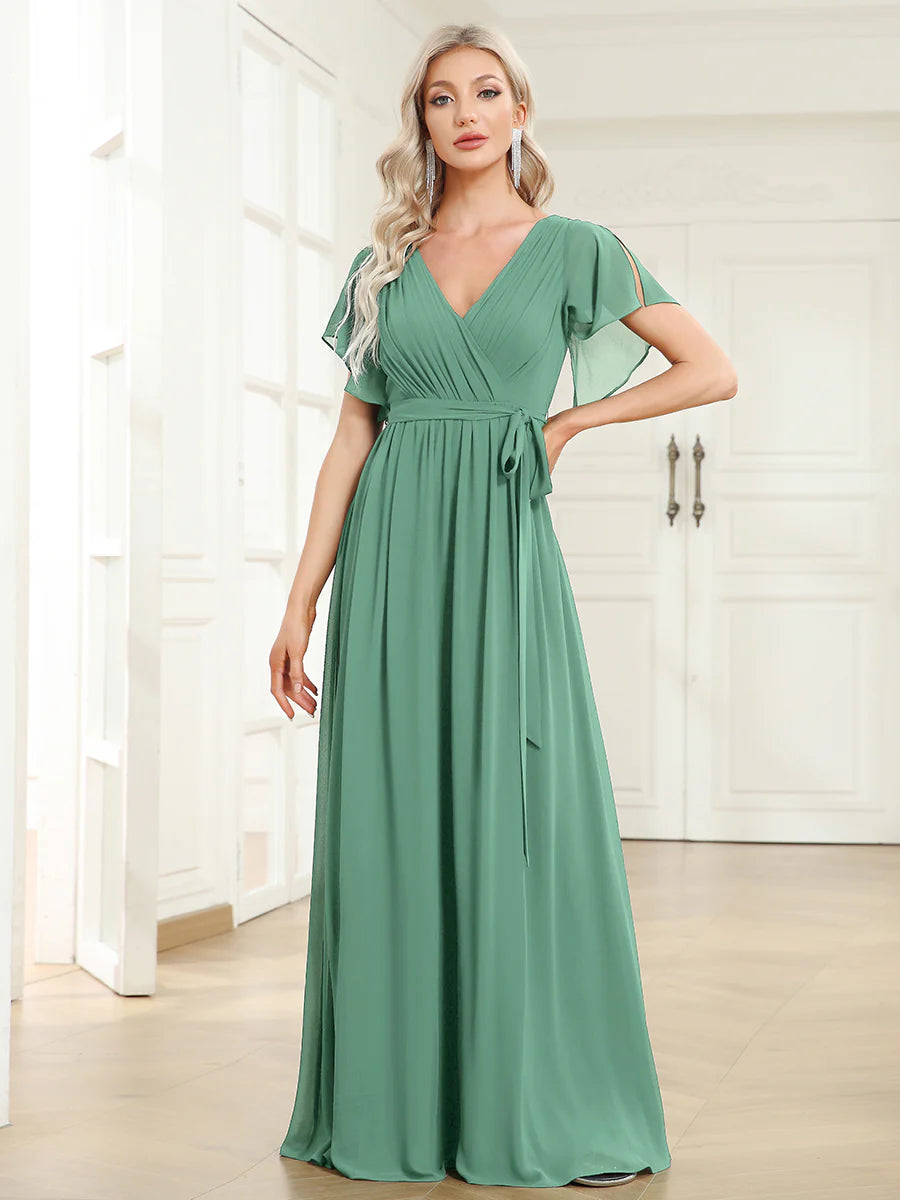 A Line Wholesale Evening Dresses with Deep V Neck Ruffles Sleeves