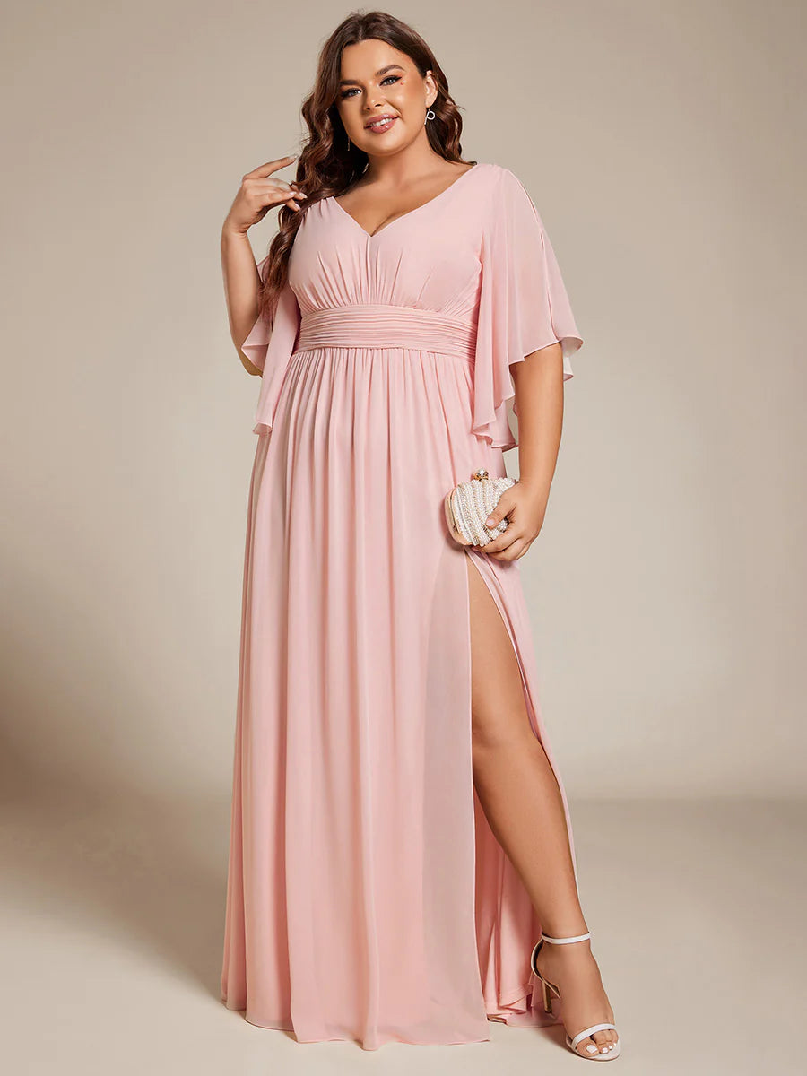 Plus V Neck Pleated Belt Wholesale Chiffon Bridesmaid Dresses