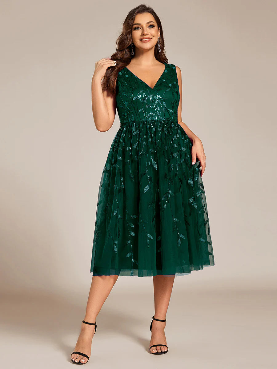 Plus Size V-Neck Sequin Midi Wedding Guest Dress With Sleeveless