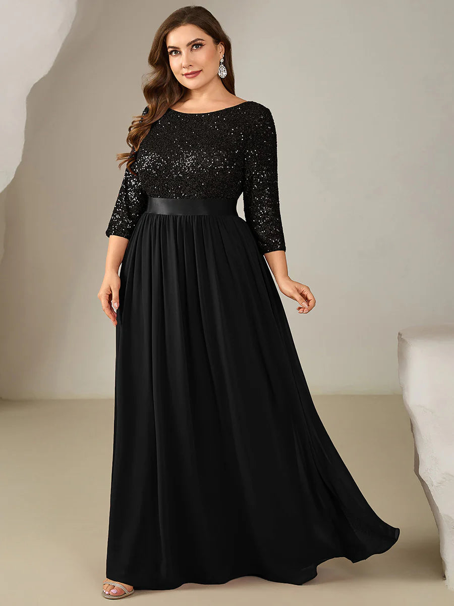 3/4 Sleeve Sequin Patchwork A-Line Floor Length Evening Dresses