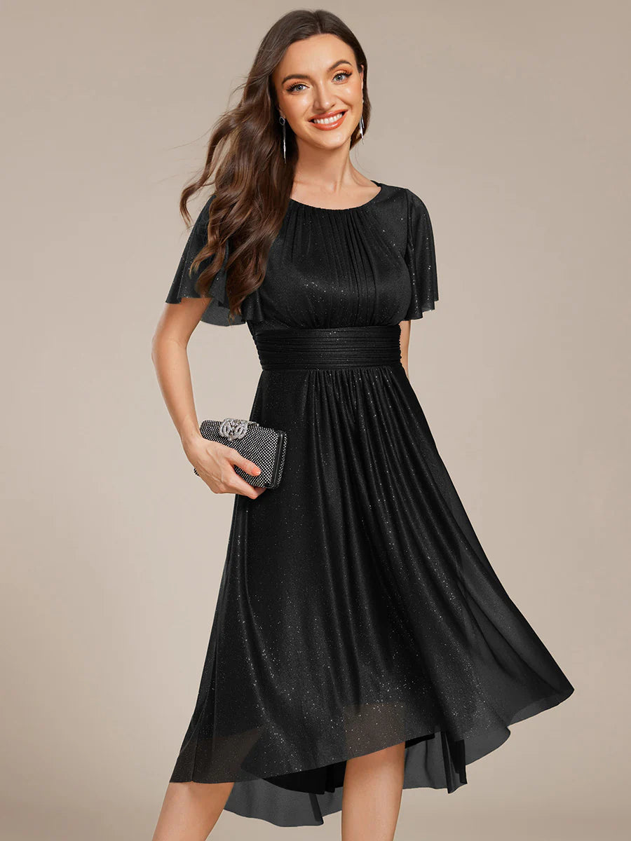 Short Sleeves Pleated Ruffle Round Neck Asymmetrical Midi Wedding Guest Dress