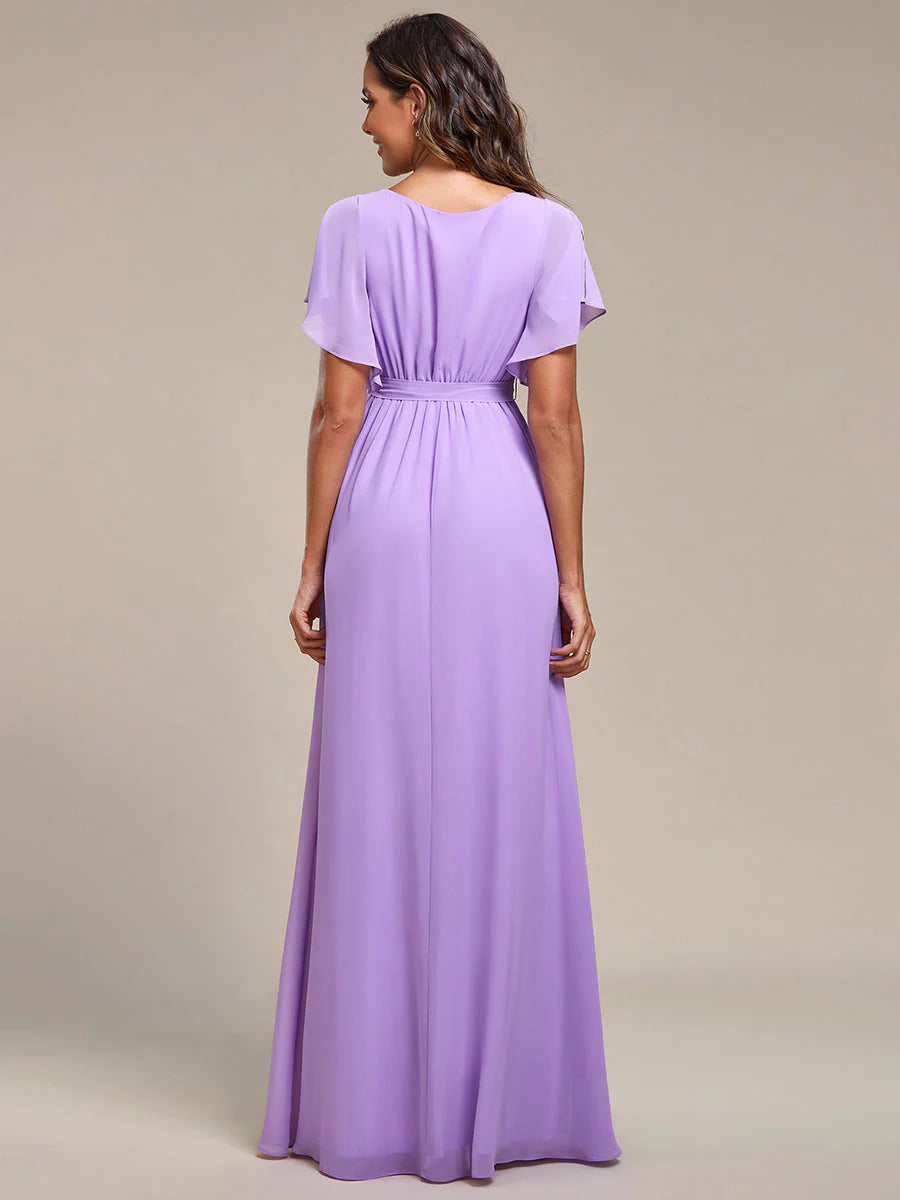 A Line Wholesale Evening Dresses with Deep V Neck Ruffles Sleeves