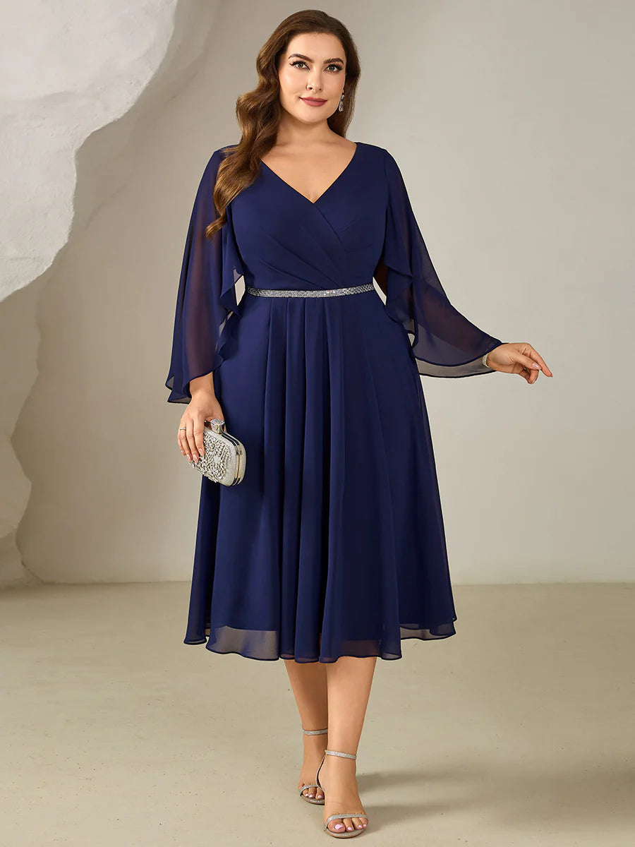 Plus Size 3/4 Sleeve Ruffle Deep V-Neck A-Line Midi Wedding Guest Dresses