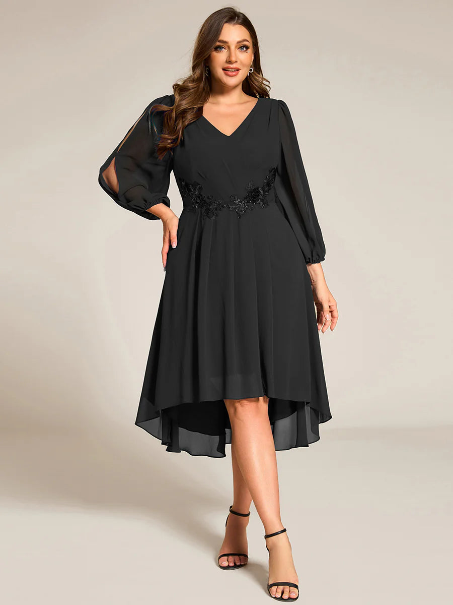 Plus Size Elegant Lantern Sleeve Applique Empire Waist Midi-Length Chiffon Evening Dresses with Asymmetrical Hem