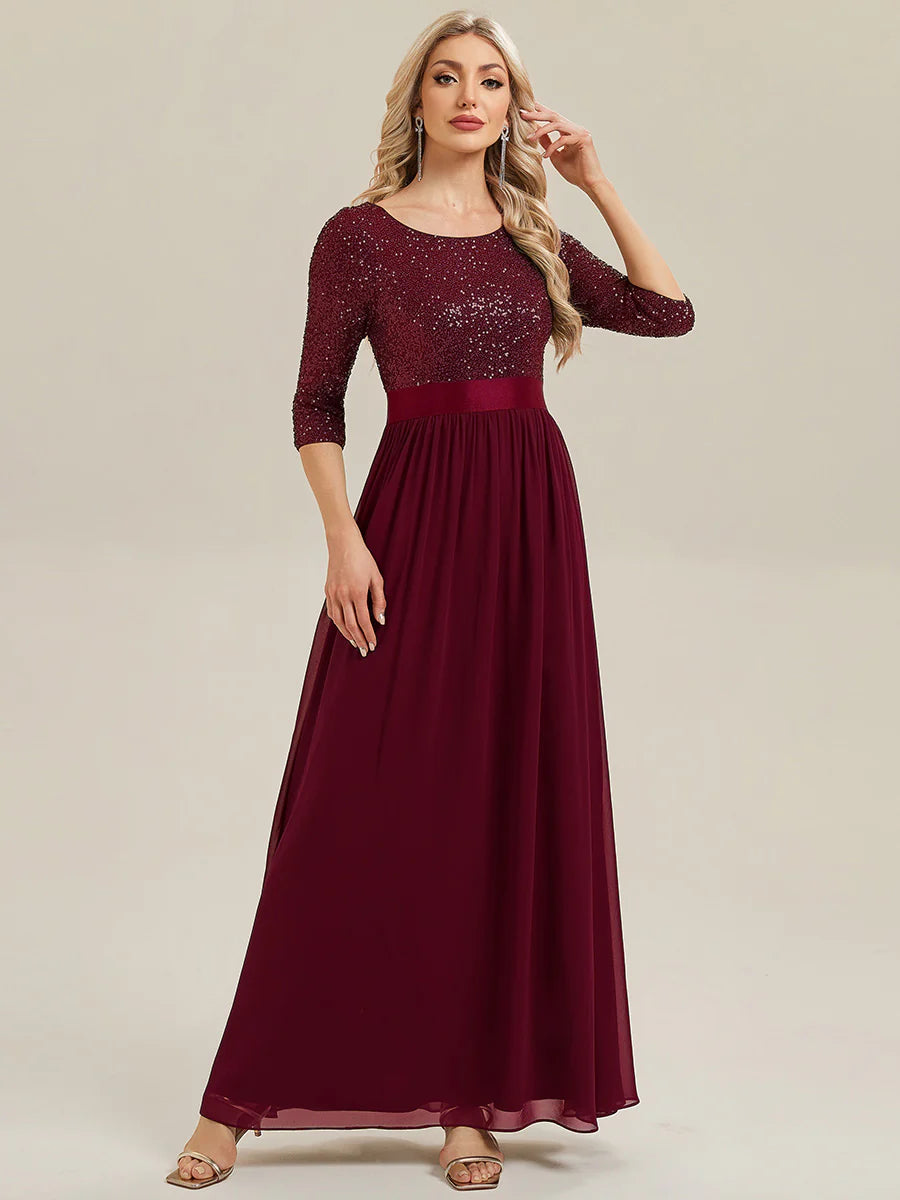 3/4 Sleeve Sequin Patchwork A-Line Floor Length Evening Dresses