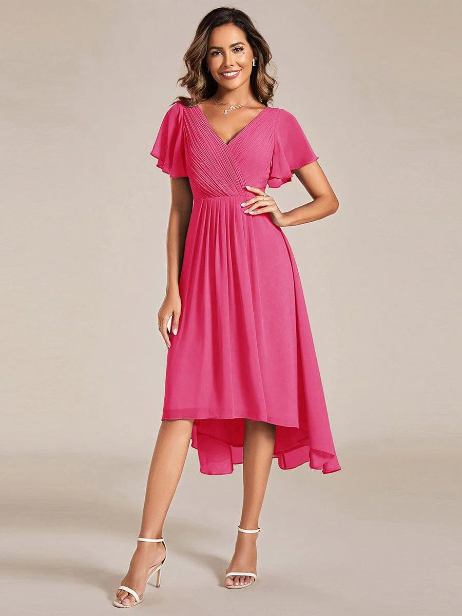 Chic V Neck High-Low Short Sleeve Wedding Guest Dress