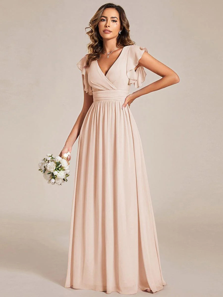 Ever LILYANA|Elegant V-Neck Open Back Ruffled Sleeves Chiffon Bridesmaid Dress