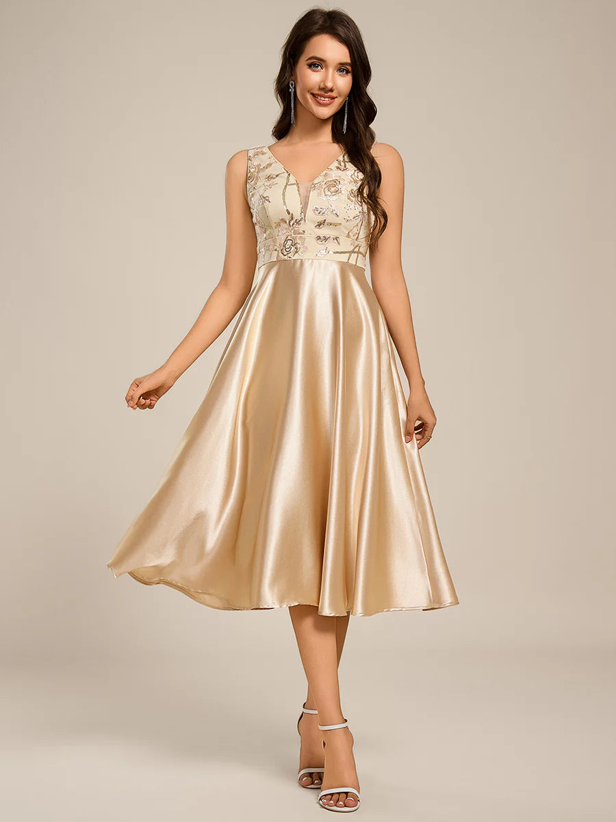 Strapless A-Line Midi Dress with Deep V-Neck Wedding Guest Dress