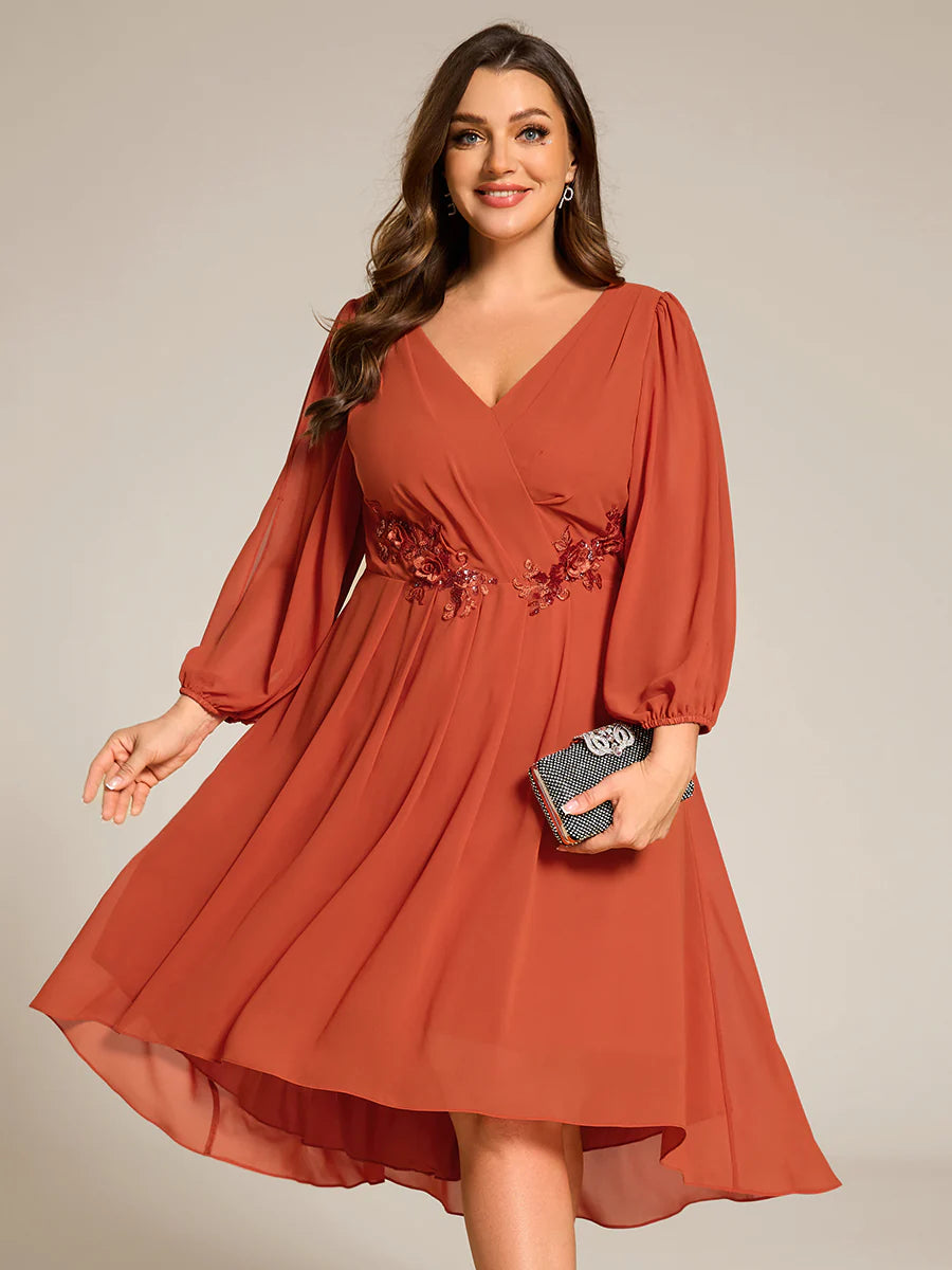 Plus Size Elegant Lantern Sleeve Applique Empire Waist Midi-Length Chiffon Evening Dresses with Asymmetrical Hem