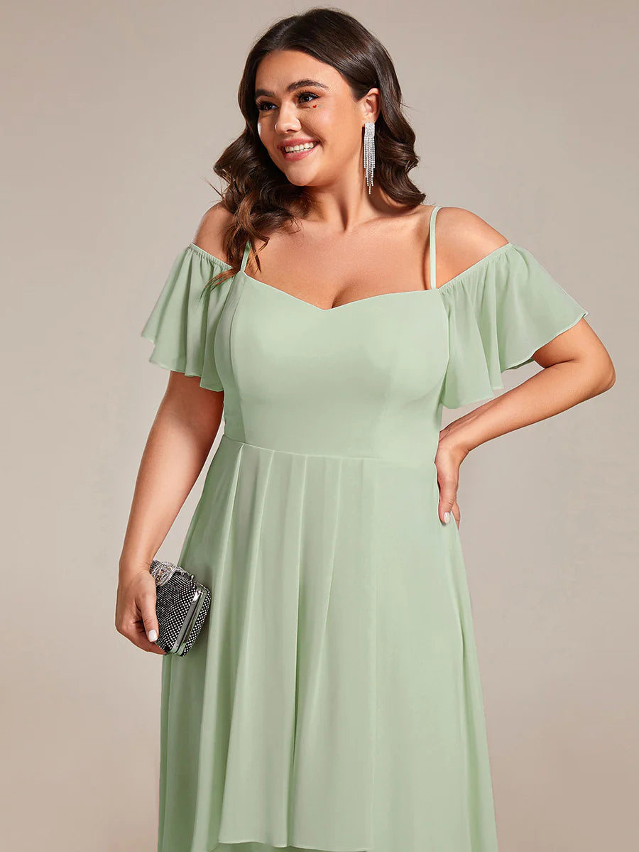Plus Size Chiffon Spaghetti Strap Cold Shoulder Tea Length Wedding Guest Dress