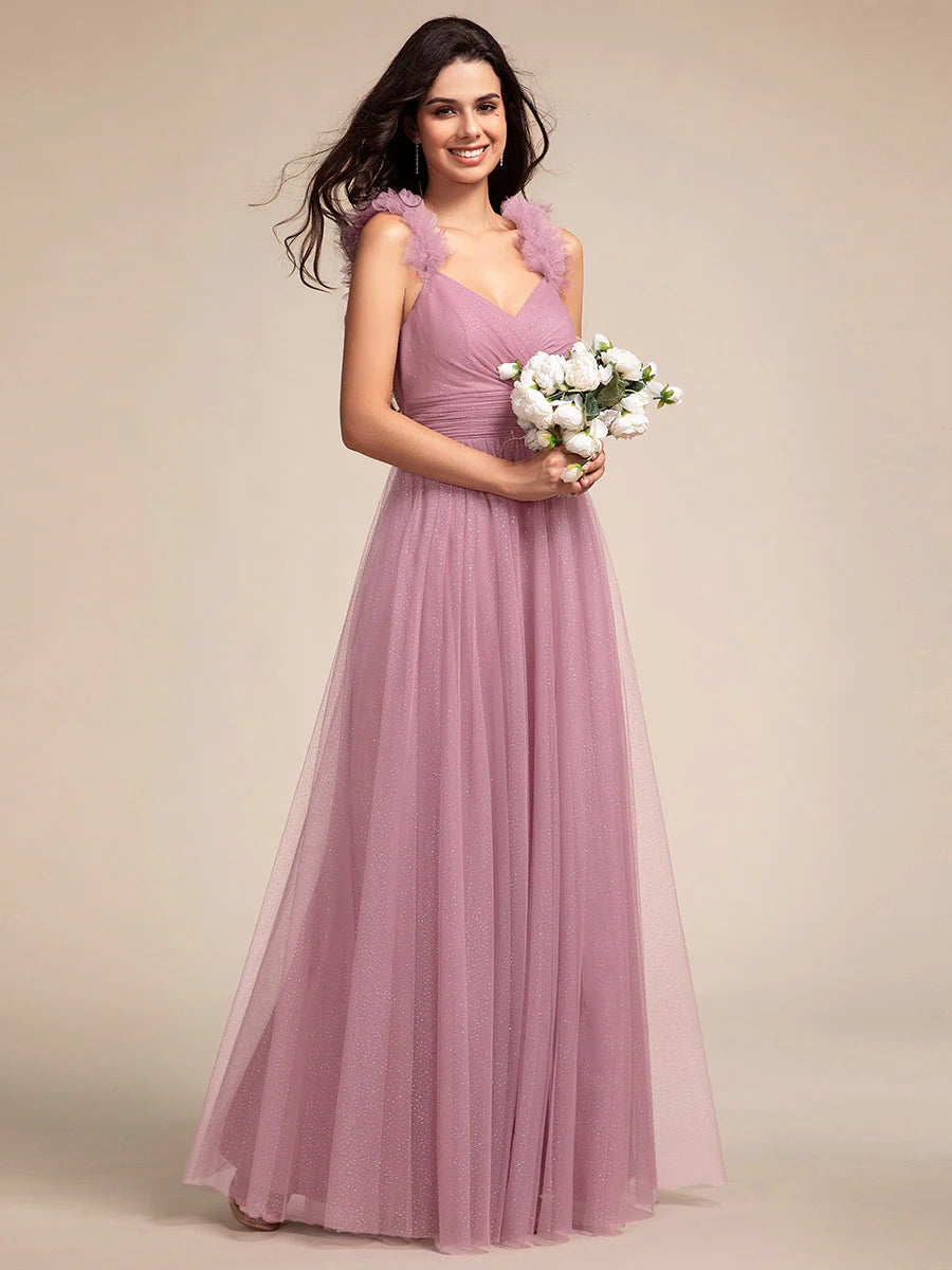 Romantic Deep V Neck Flying sleeve Tulle Bridesmaid Dresses with Gold Stamping Pleated decoration