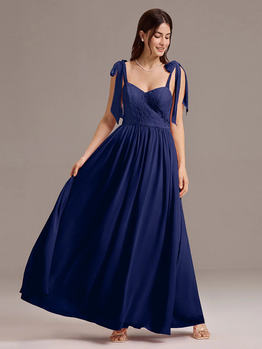 Chiffon Sweetheart Neck Bow Tie Backless A-Line Lace Bridesmaid Dress