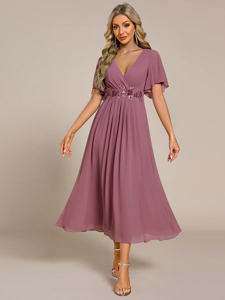 Applique V Neck Tea Length Wedding Guest Dress With Short Sleeves