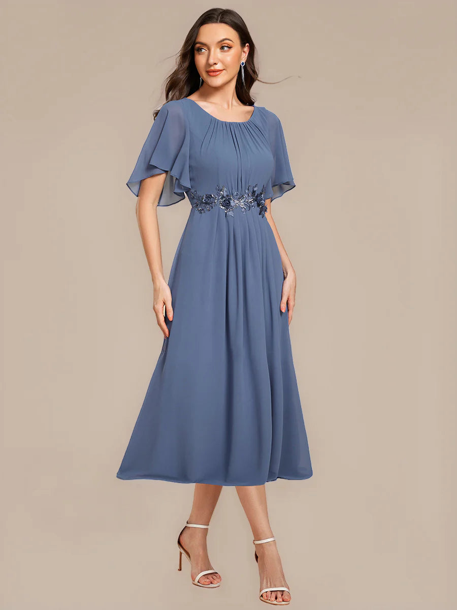 Commercial Wholesale Short Sleeve Ruffle A-Line Midi Dress with Floral Appliques Evening Dresses