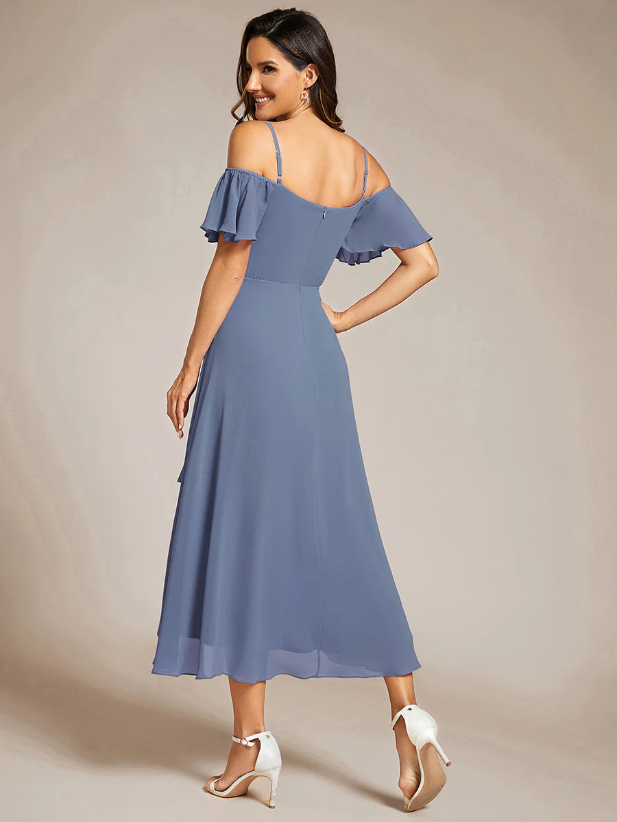 Chiffon Spaghetti Strap Cold Shoulder Tea Length Wedding Guest Dress