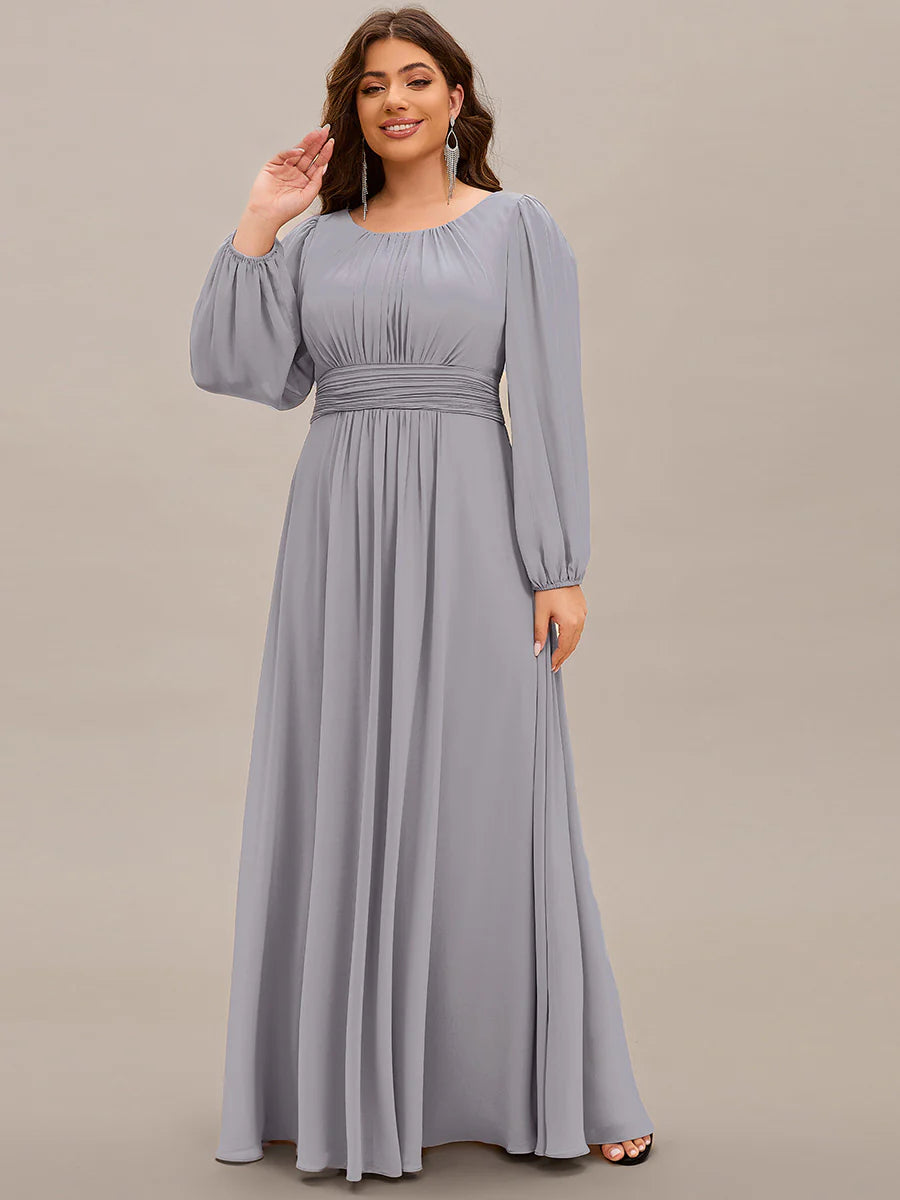 Plus Size Round Neck Wholesale Bridesmaid Dresses with Long Lantern Sleeves
