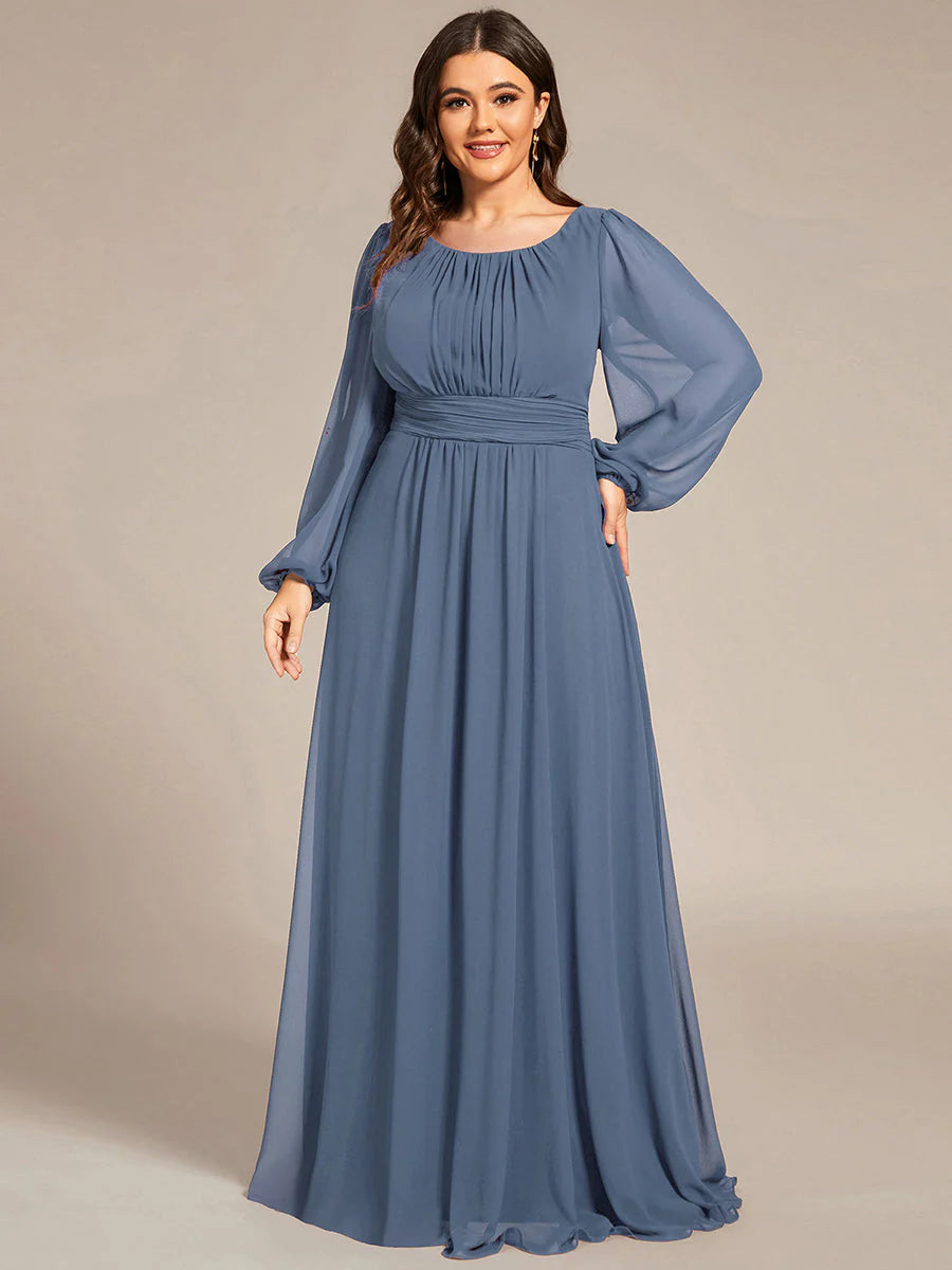 Plus Size Round Neck Wholesale Bridesmaid Dresses with Long Lantern Sleeves