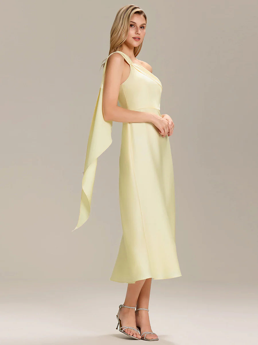 One Shoulder Gathered Non-Stretch Midi Wrap Wedding Guest Dresses