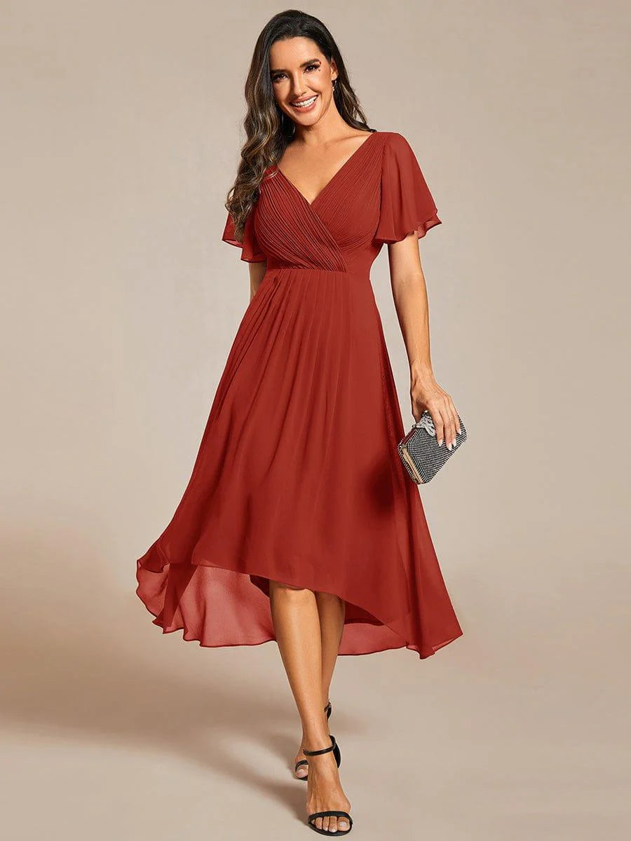 Chic V Neck High-Low Short Sleeve Wedding Guest Dress