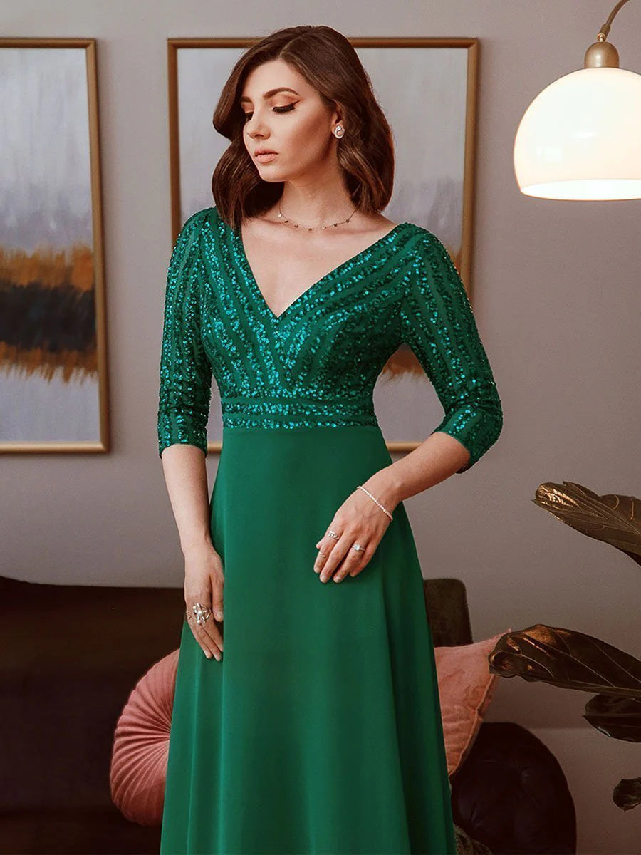 Sexy V Neck A-Line Sequin Wholesale Evening Dresses With 3/4 Sleeve