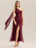 One Shoulder Sleeveless Sequin A-Line Maxi Wedding Guest Dress