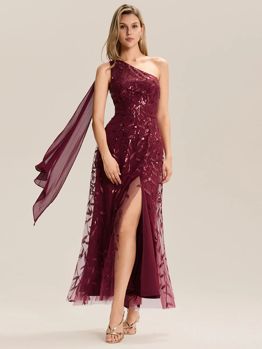 One Shoulder Sleeveless Sequin A-Line Maxi Wedding Guest Dress