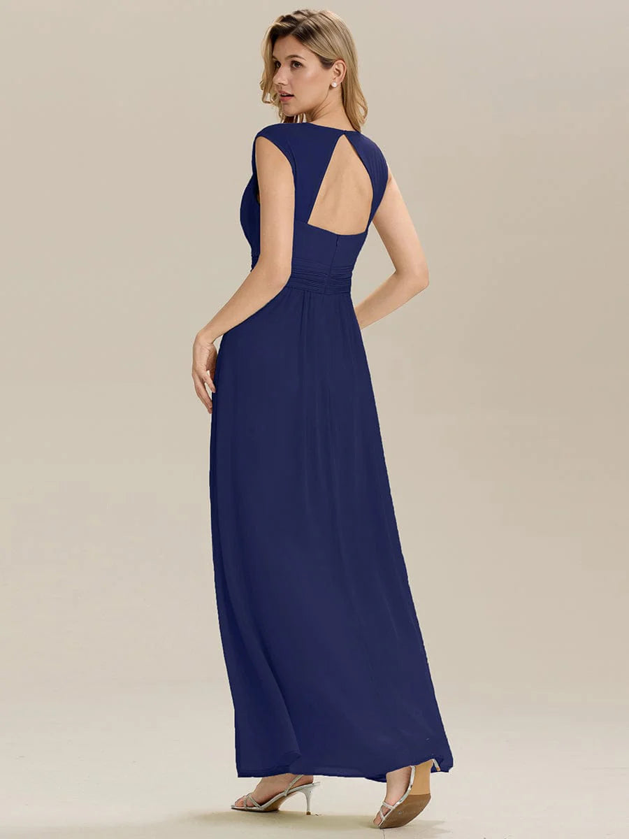 Custom Made Sleeveless Pleated Deep V-Neck A-Line Floor Length Dress; Bridesmaid Dresses