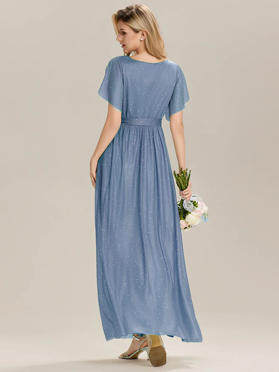 Short Sleeve Ruffle Deep V-Neck A-Line Floor Length Bridesmaid Dresses