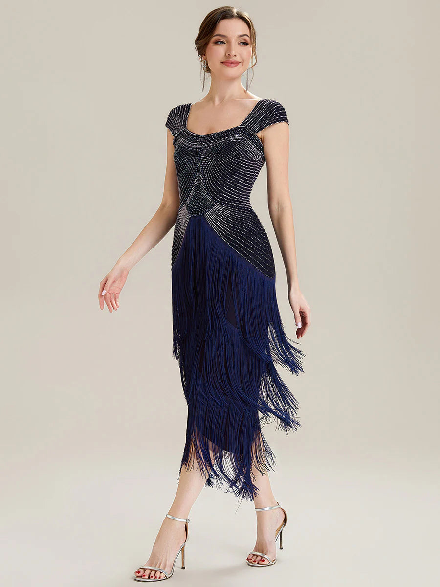 Volume Discounts Strapless Sheath Midi Length Square Neck Beaded Wedding Guest Dress