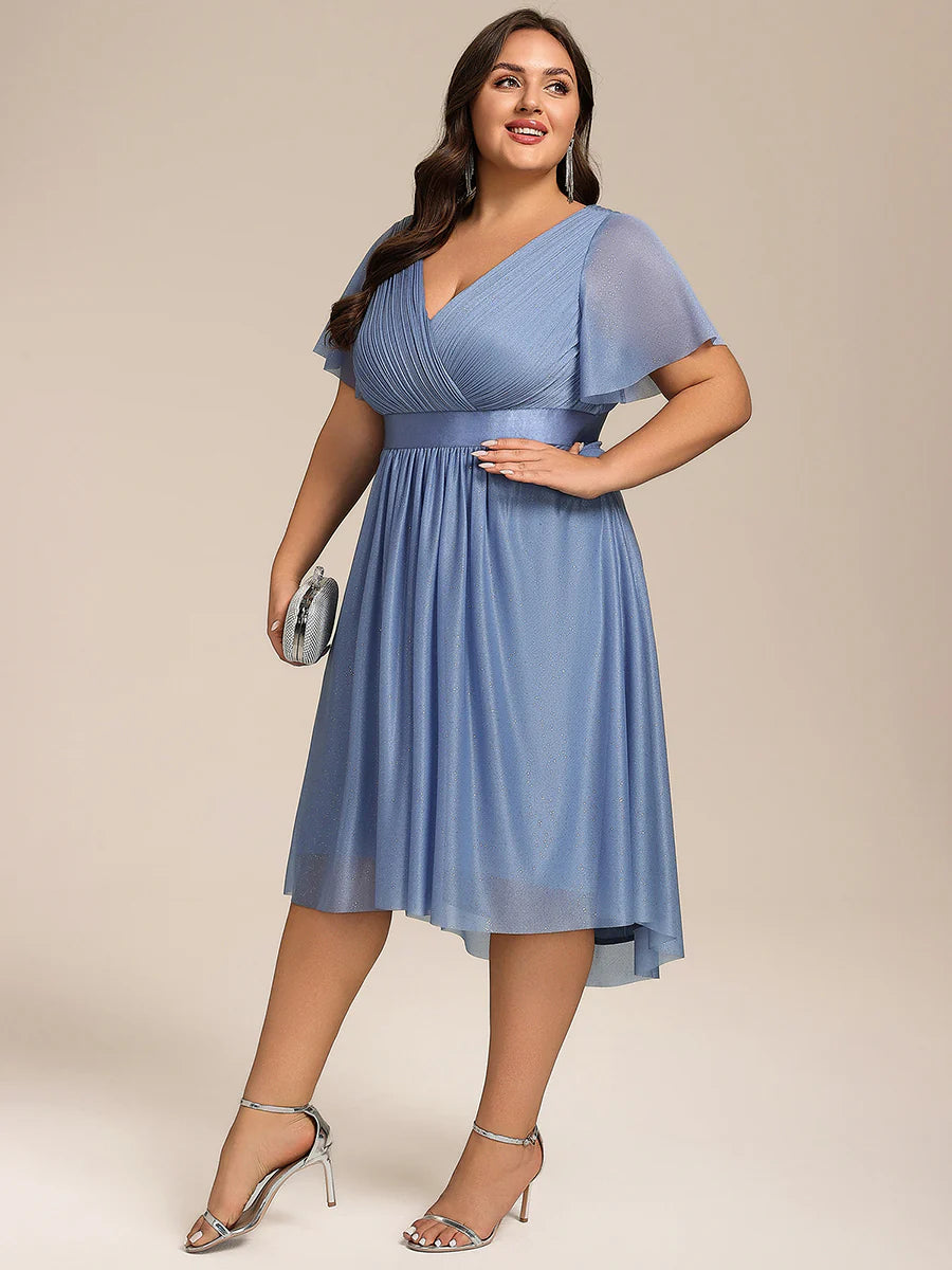 Plus Size Ruffle Sleeves Ruched Wedding Guest Glitter Asymmetric Hem Dress