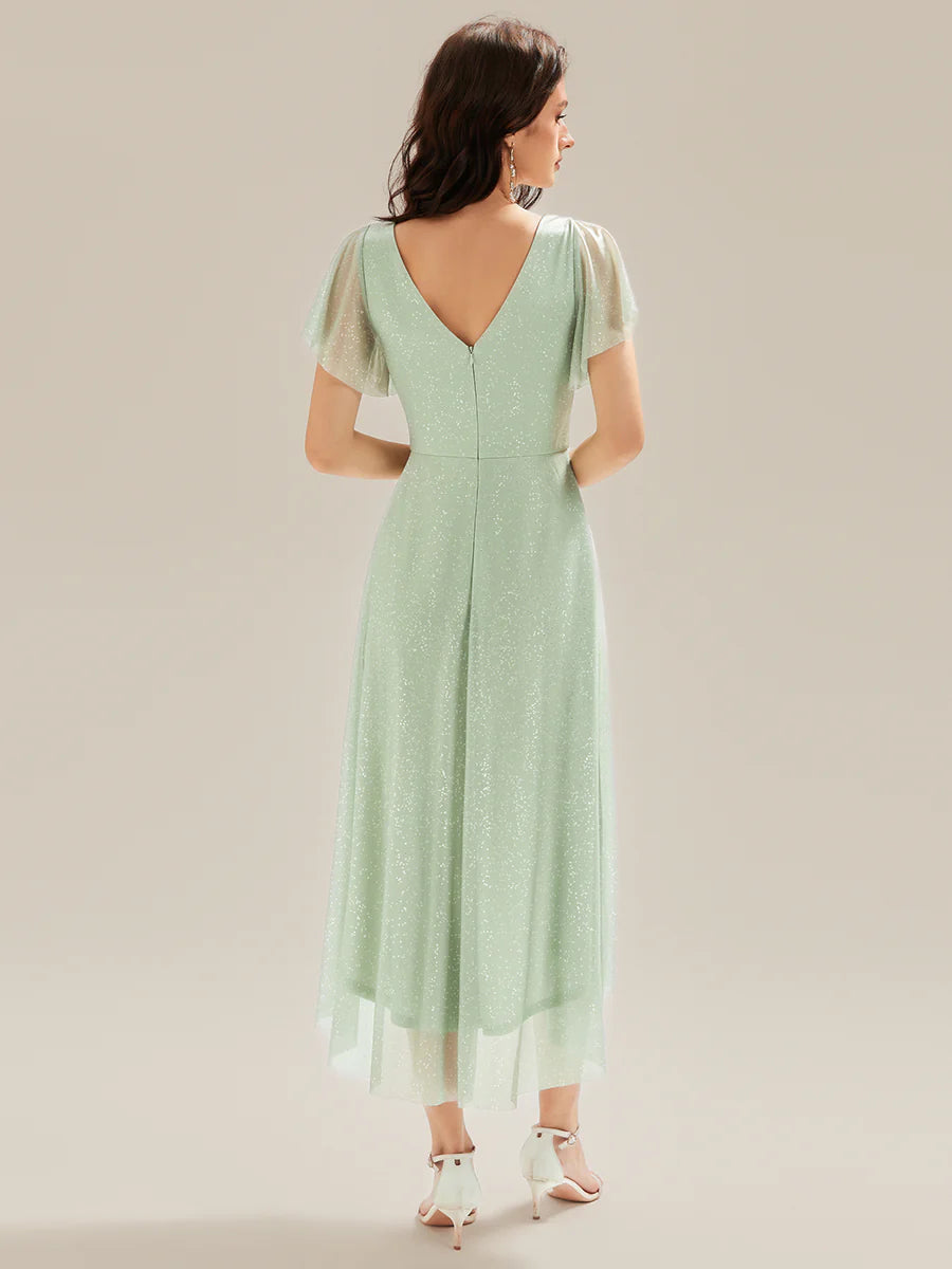 Short Sleeve Ruffle V-Neck Pleated Glitter A-Line High-Low Wedding Guest Dresses